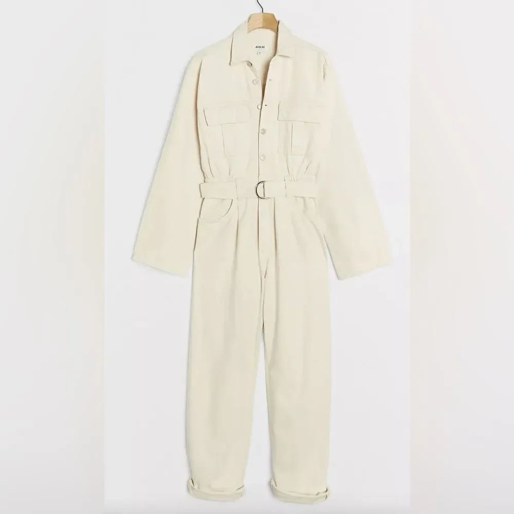 Agolde Tatum Ivory Denim Utility Jumpsuit Long Sleeve Buttons Sz Small (Not Belt